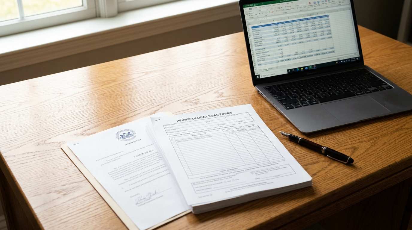 Desk with Pennsylvania state documents, a laptop, and legal forms for nonprofit formation.