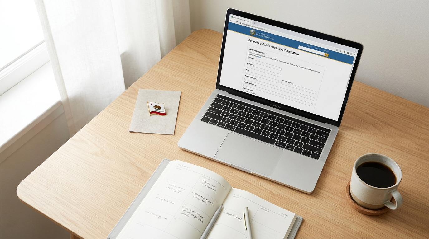 A desk with a laptop showing LLC formation documents, a California flag pin, and business planning tools, symbolizing the process of starting an LLC in California.