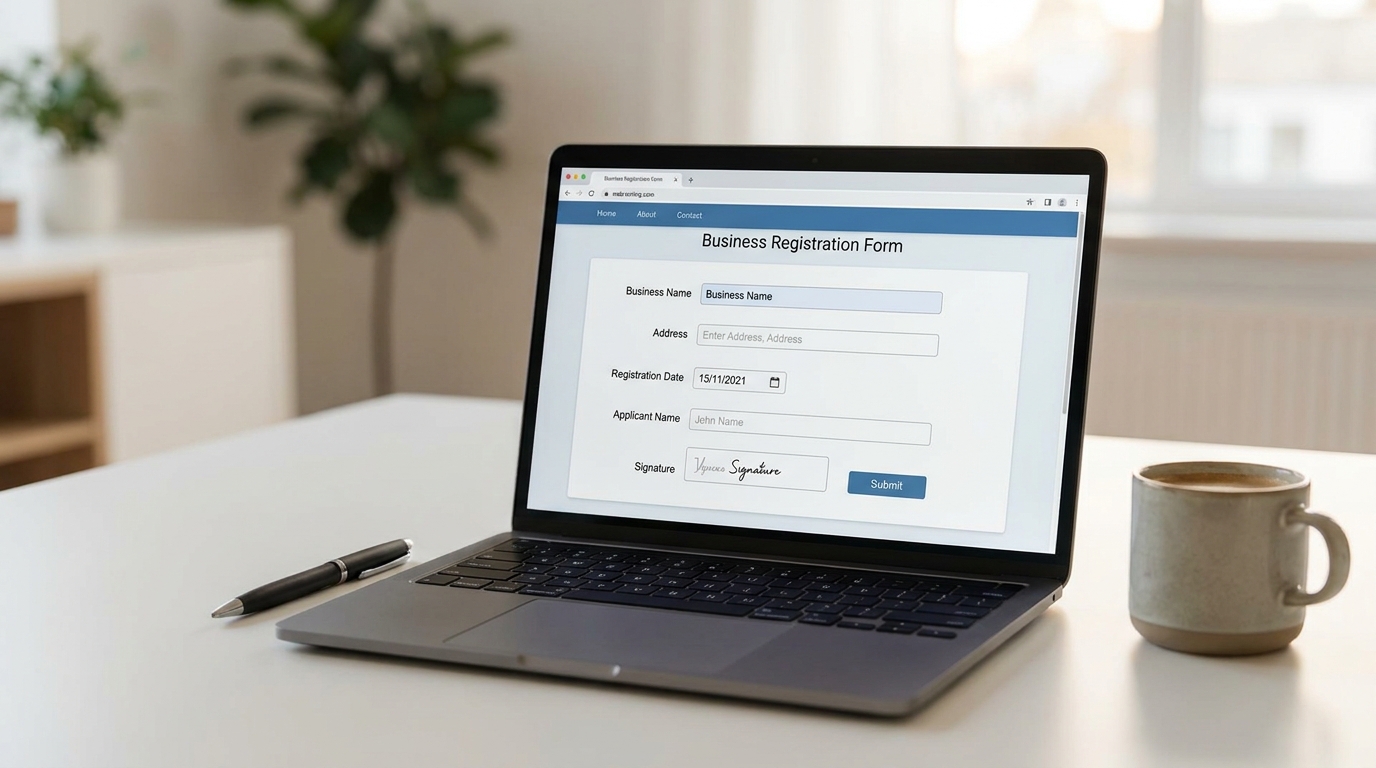 Laptop screen displaying an online business registration form with a pen and coffee cup on a modern desk, symbolizing the process of forming an LLC.