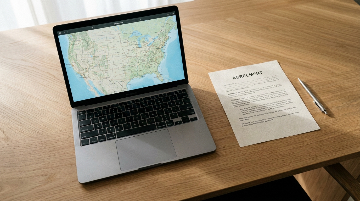 A desk with a laptop showing a US map, legal papers, and a pen, symbolizing interstate LLC transfer.