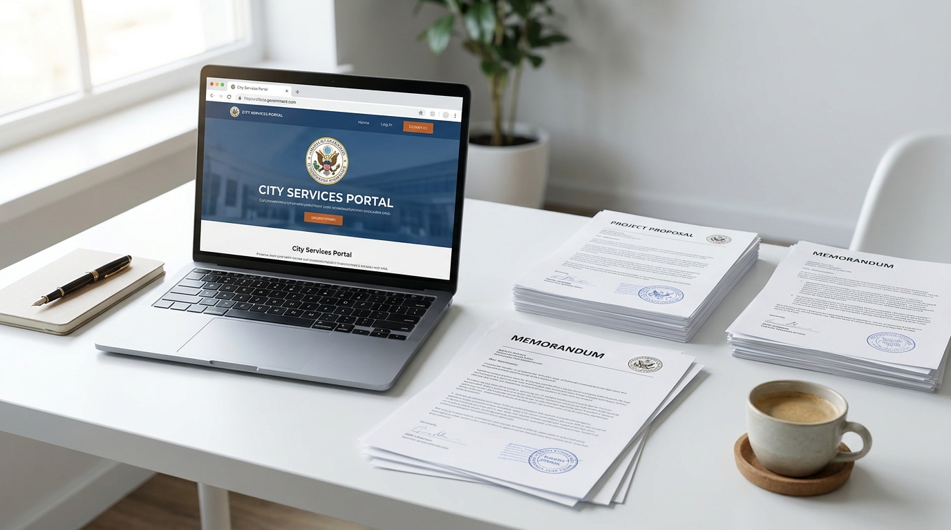 Desk with laptop showing business license search results, official documents, and a pen, symbolizing diligent research for Illinois business compliance.