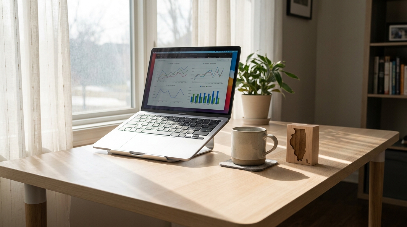 Laptop on a desk displaying business charts with a subtle Illinois state outline, symbolizing business expansion and compliance.