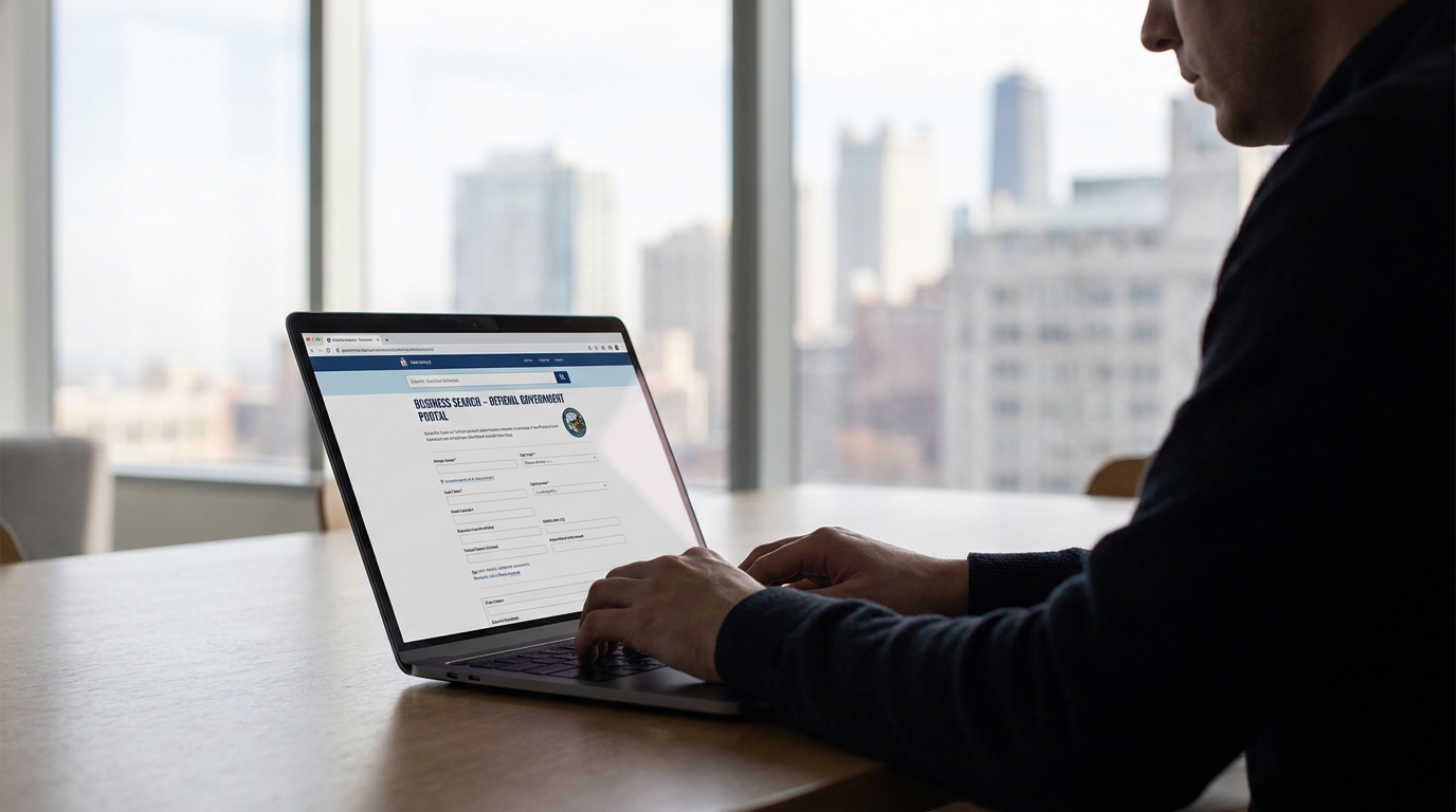 A founder performing an Illinois SOS business search on a laptop, with a blurred view of the Chicago skyline in the background.