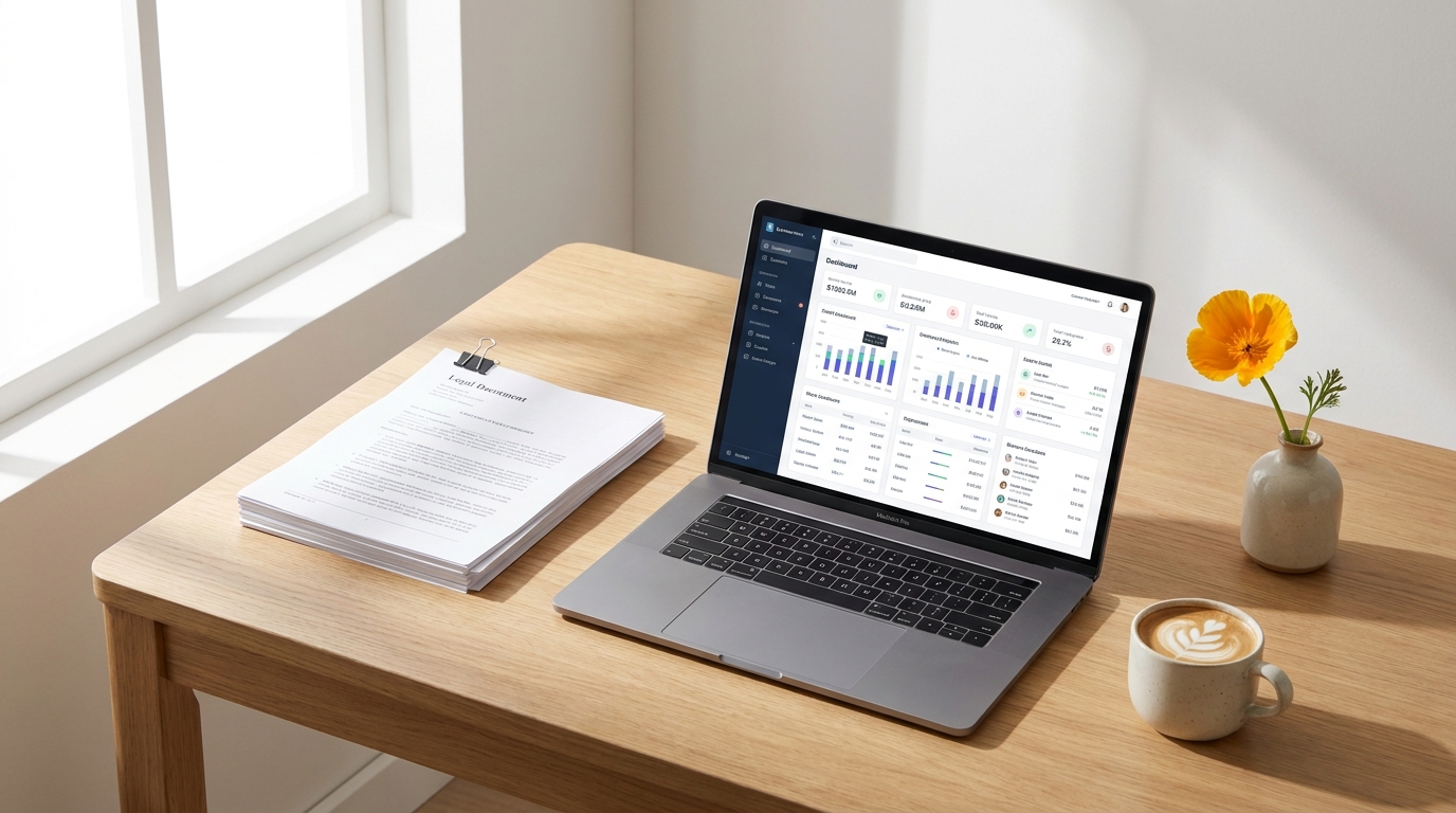 A clean desk with a laptop, legal documents, and a California poppy, symbolizing business formation in California.