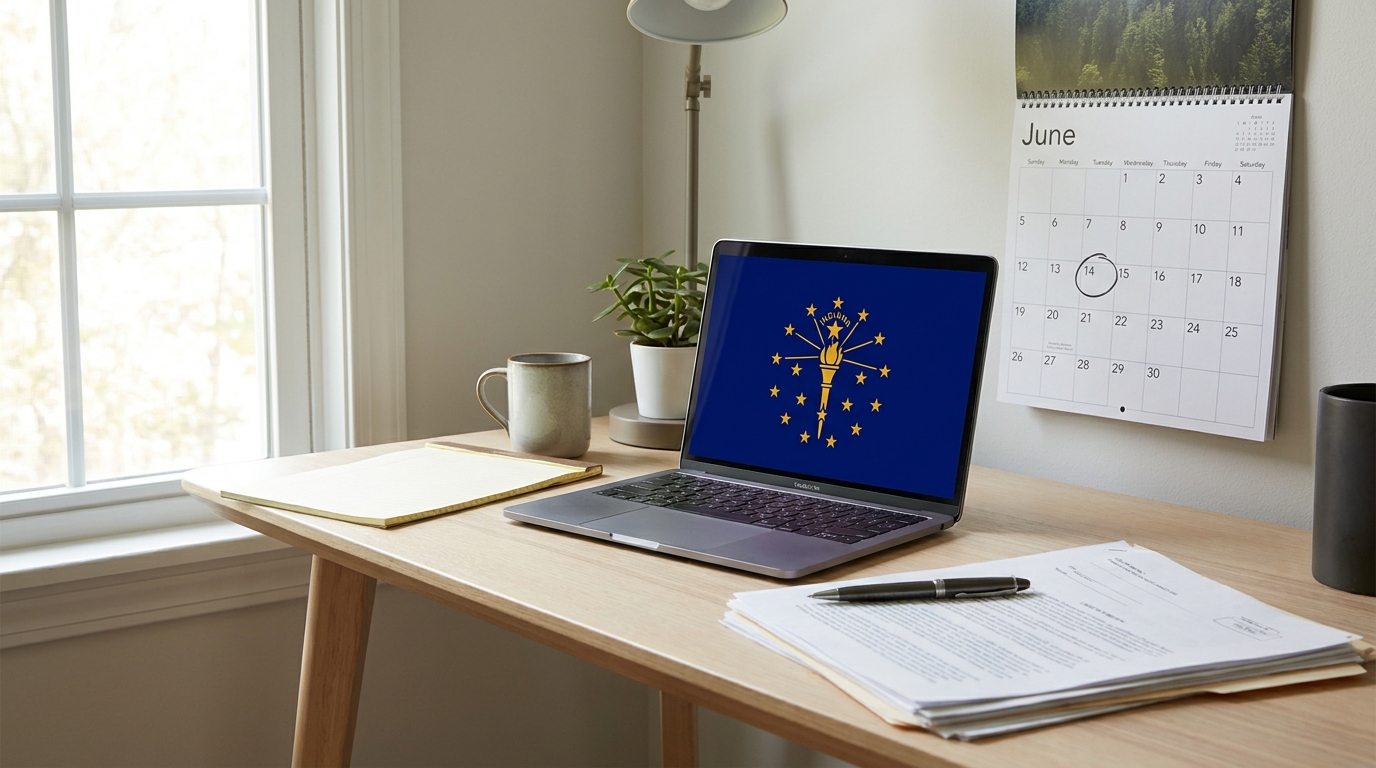 A desk with a laptop showing the Indiana state seal, a calendar highlighting a due date, and legal documents, symbolizing business compliance.