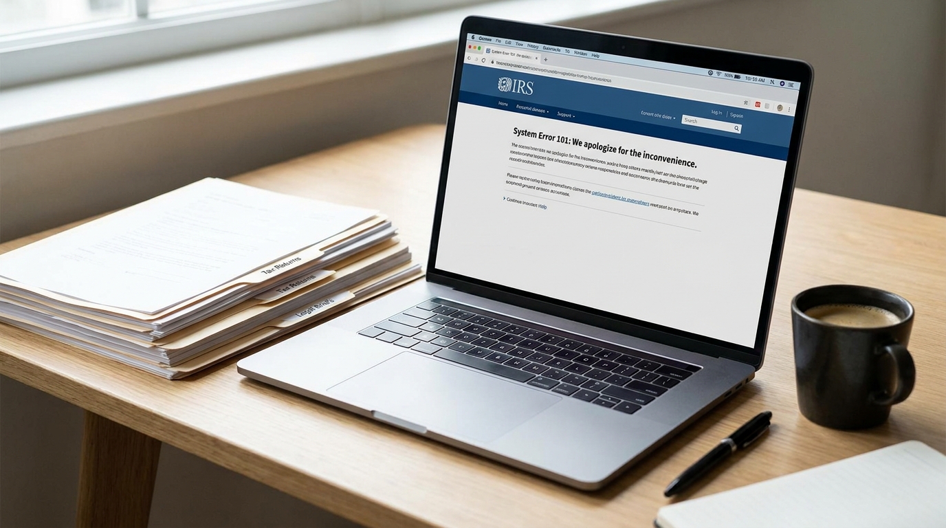Laptop screen showing IRS EIN Error 101 message on a desk with business documents