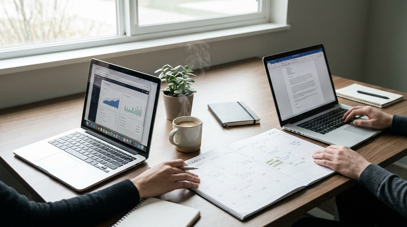 Two laptops on a desk, symbolizing a husband and wife's joint LLC business operations.