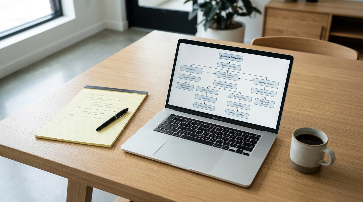 Overhead view of a desk with a laptop showing business structure options, legal documents, and a pen, emphasizing clarity in business formation choices.