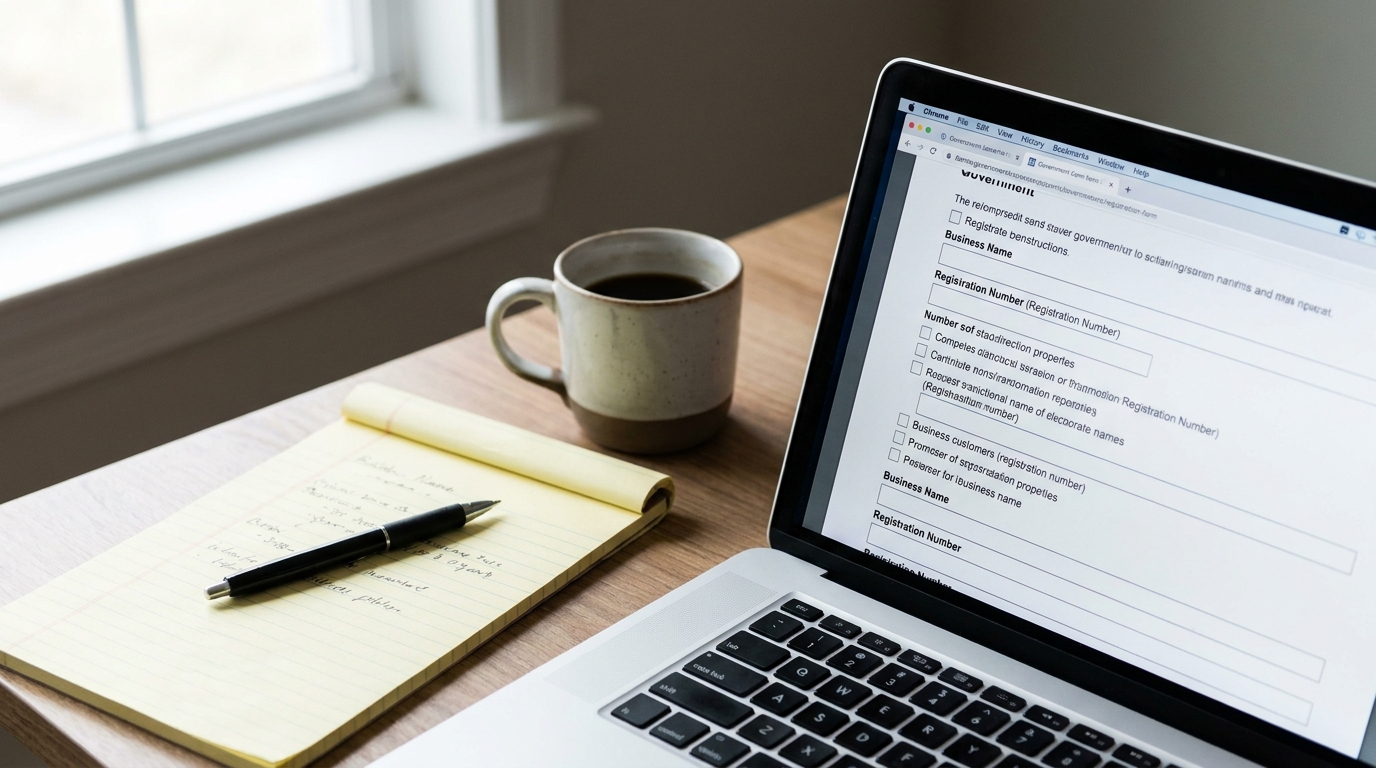 A laptop screen showing a business registration form, a pen, and handwritten notes on a legal pad, symbolizing the process of obtaining an EIN.