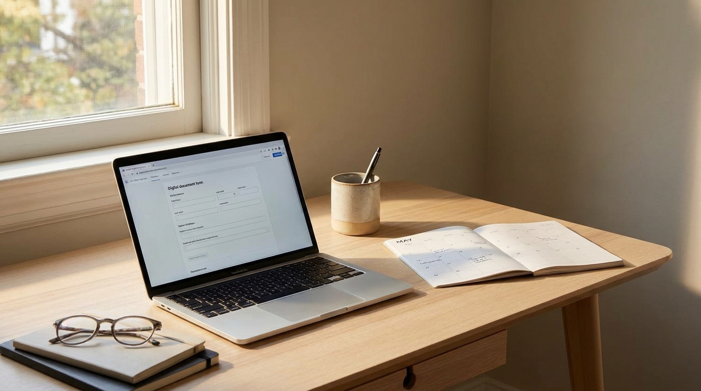 A laptop displaying a digital annual report form, a pen, and a calendar on a clean desk, symbolizing business compliance.