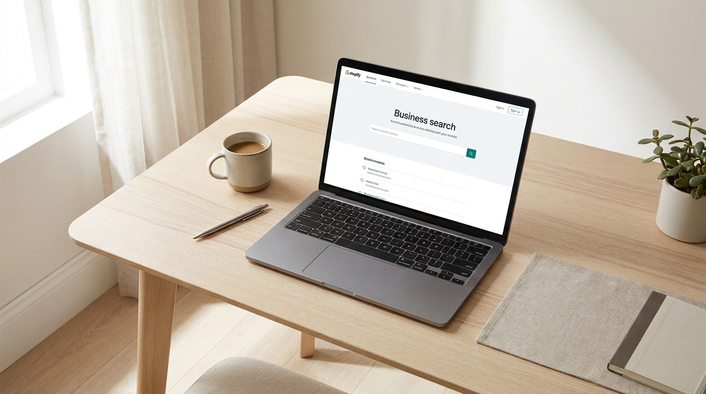 A laptop screen showing a business search results page, with a focused entrepreneur's desk in the foreground.