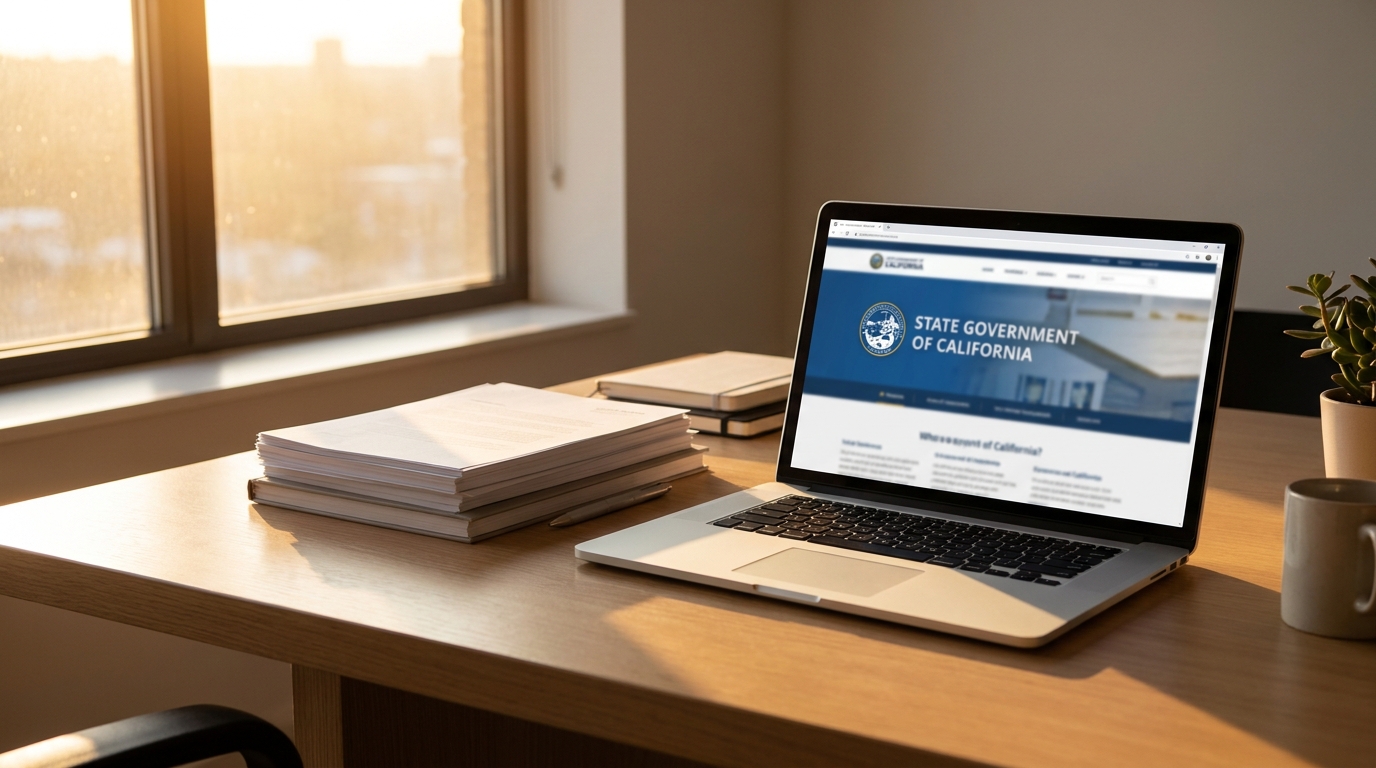 A stack of business documents and a laptop showing a state website on a desk at sunset, symbolizing business compliance.