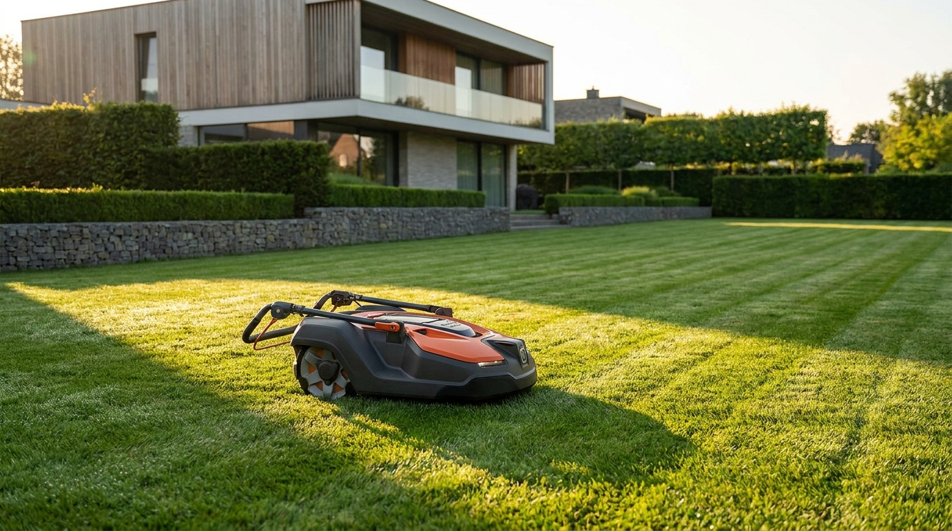 A professional-grade lawnmower parked on a perfectly manicured lawn in front of a modern suburban home, symbolizing a well-established lawn care business.