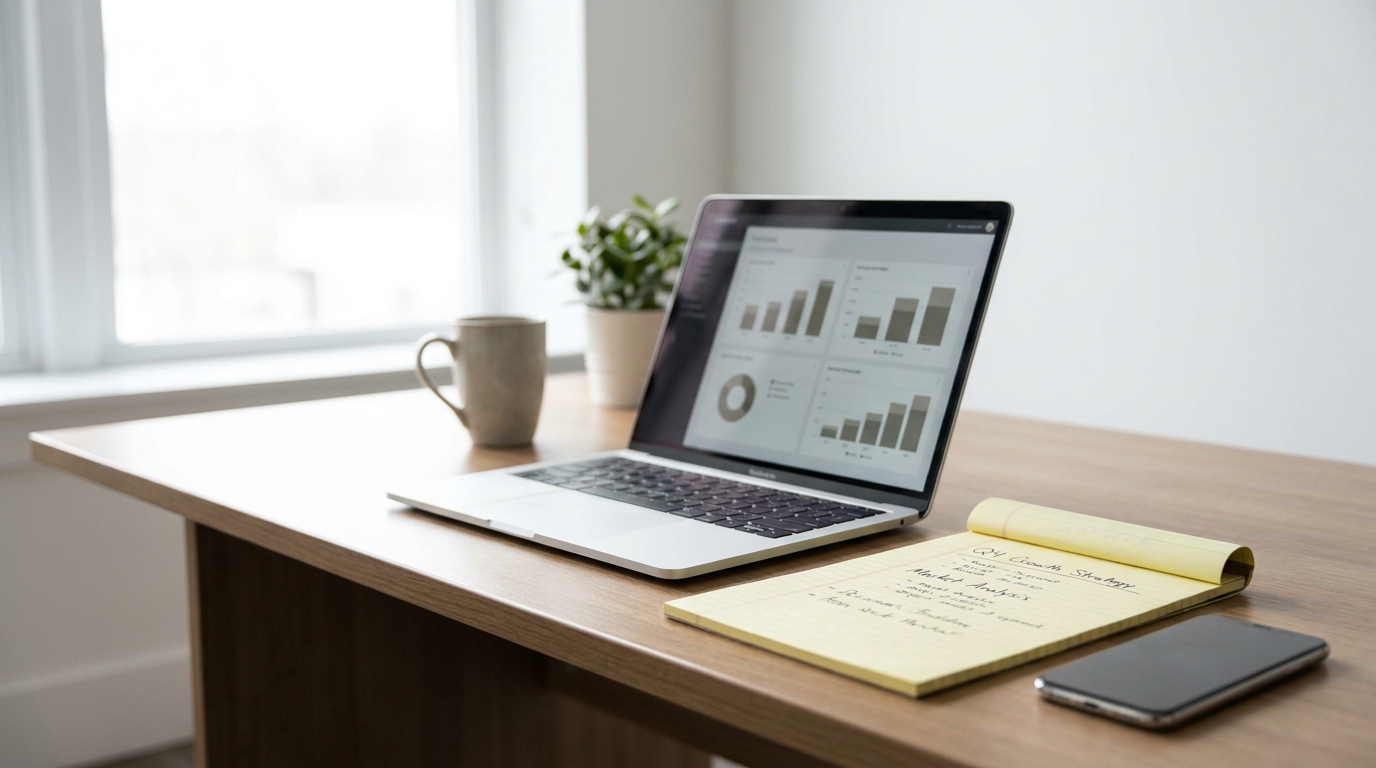 A clean desk setup with a laptop showing financial graphs, a notebook, and a pen, symbolizing business planning and legal considerations.