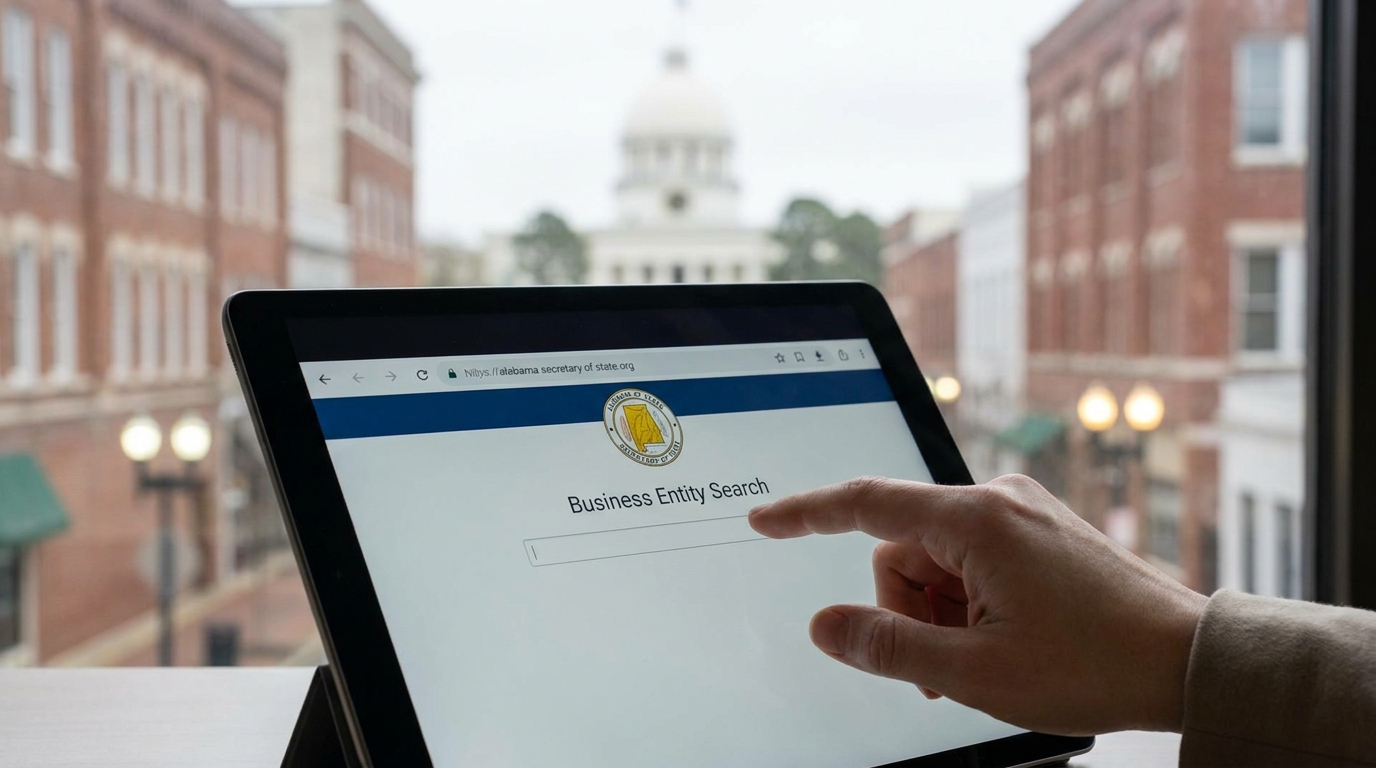 Tablet screen showing the Alabama Secretary of State business search portal, with a person's hand about to type, set against a blurred Montgomery skyline.