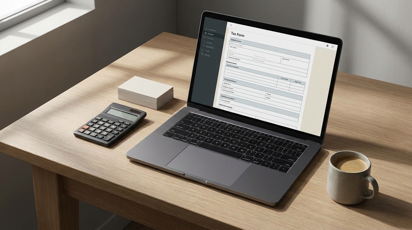 A modern workspace with a laptop showing tax software, a calculator, and business cards, illustrating the process of managing LLC taxes.