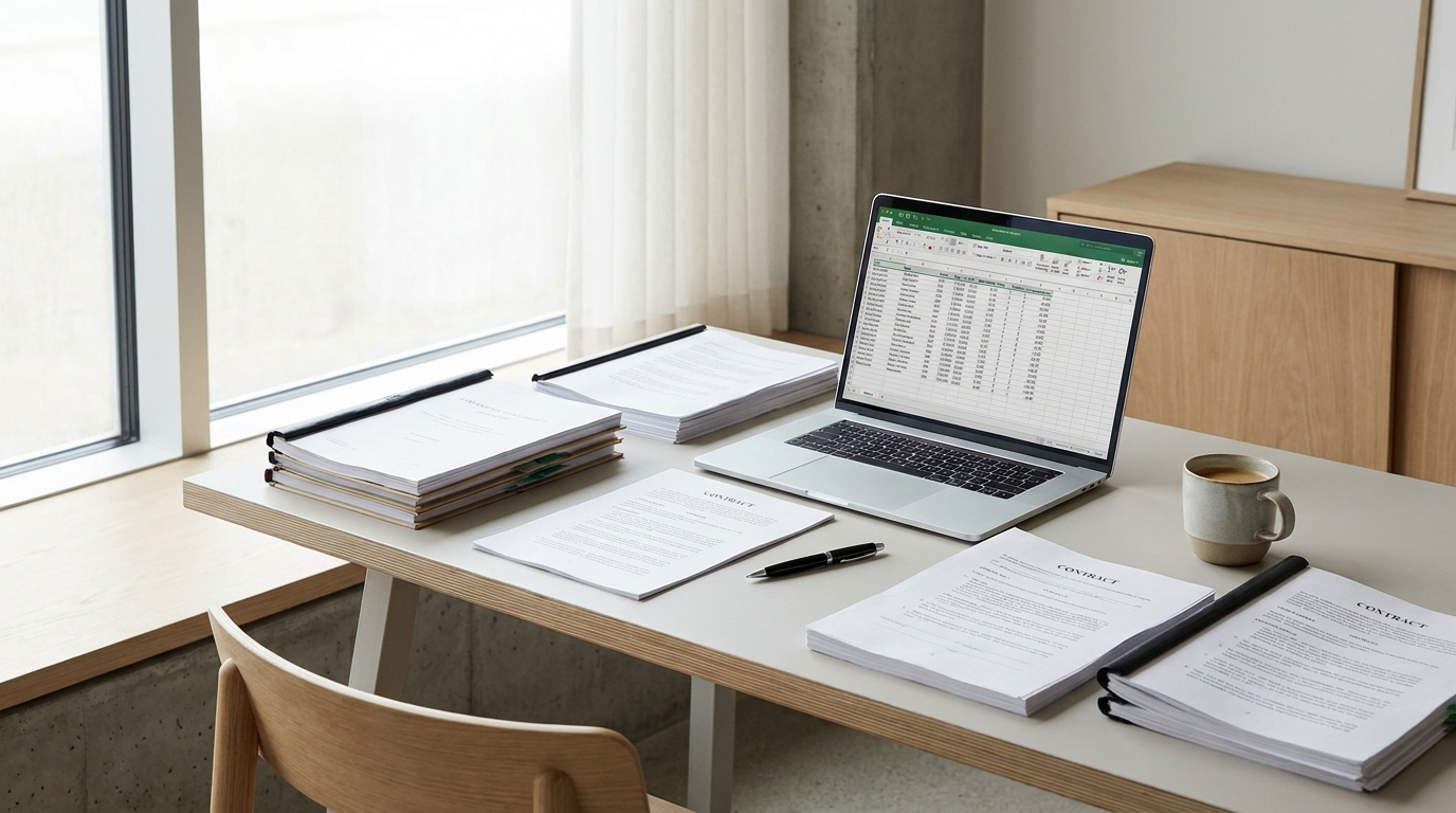 A desk with a laptop showing a spreadsheet of state fees, legal documents, and a pen, symbolizing organized business compliance.