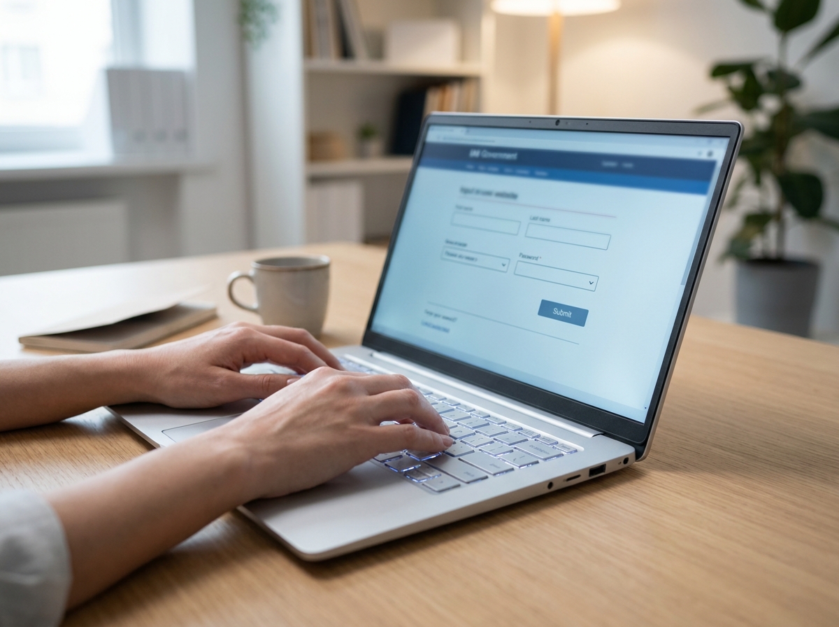 A person's hands typing on a laptop keyboard, with a blurred screen showing a government website interface. The focus is on the act of data entry and the digital nature of the filing process.