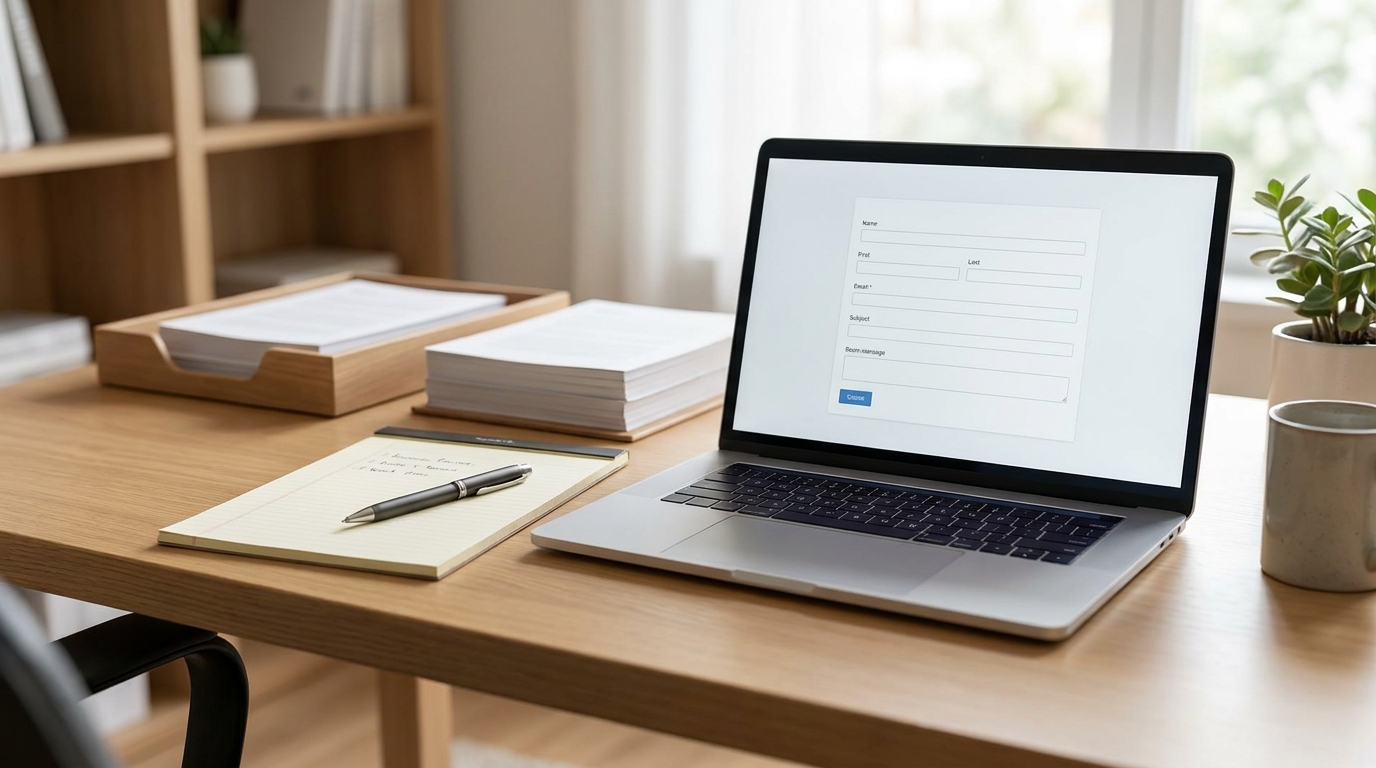 A desk with a laptop displaying a compliance form, legal documents, and a pen, symbolizing organized business reporting.