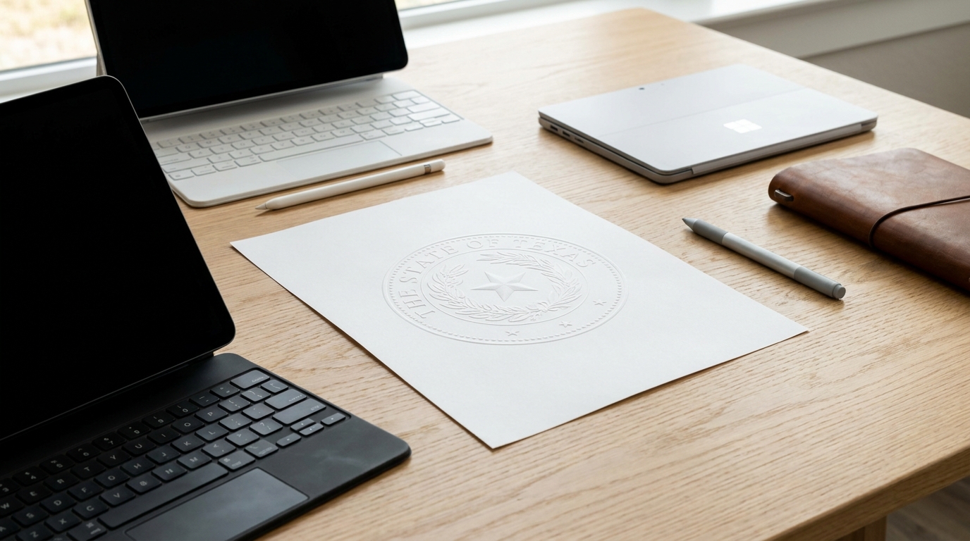 Texas state seal on official documents, representing LLC business licenses and permits