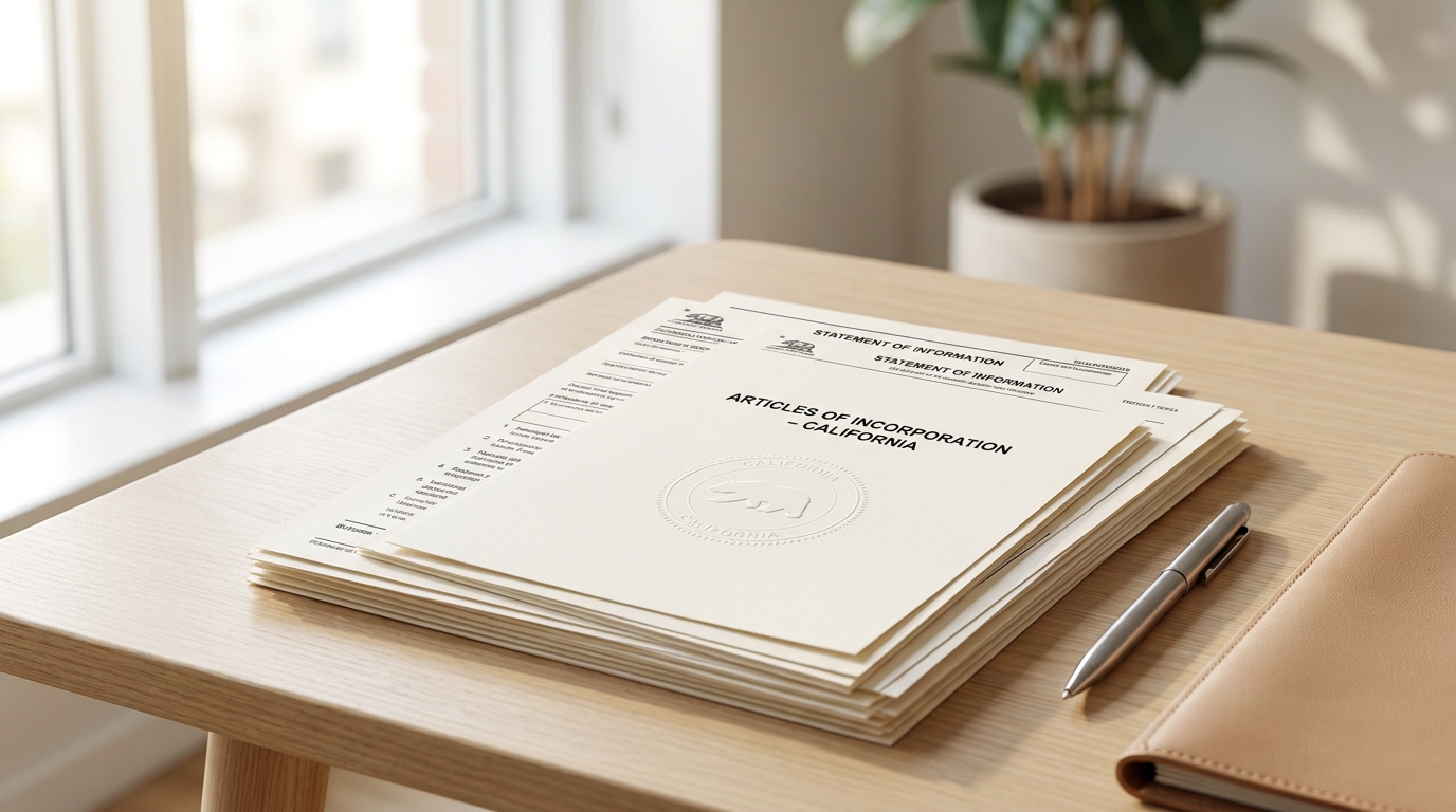 Close-up of California LLC formation documents and a pen, symbolizing the start of a new business.