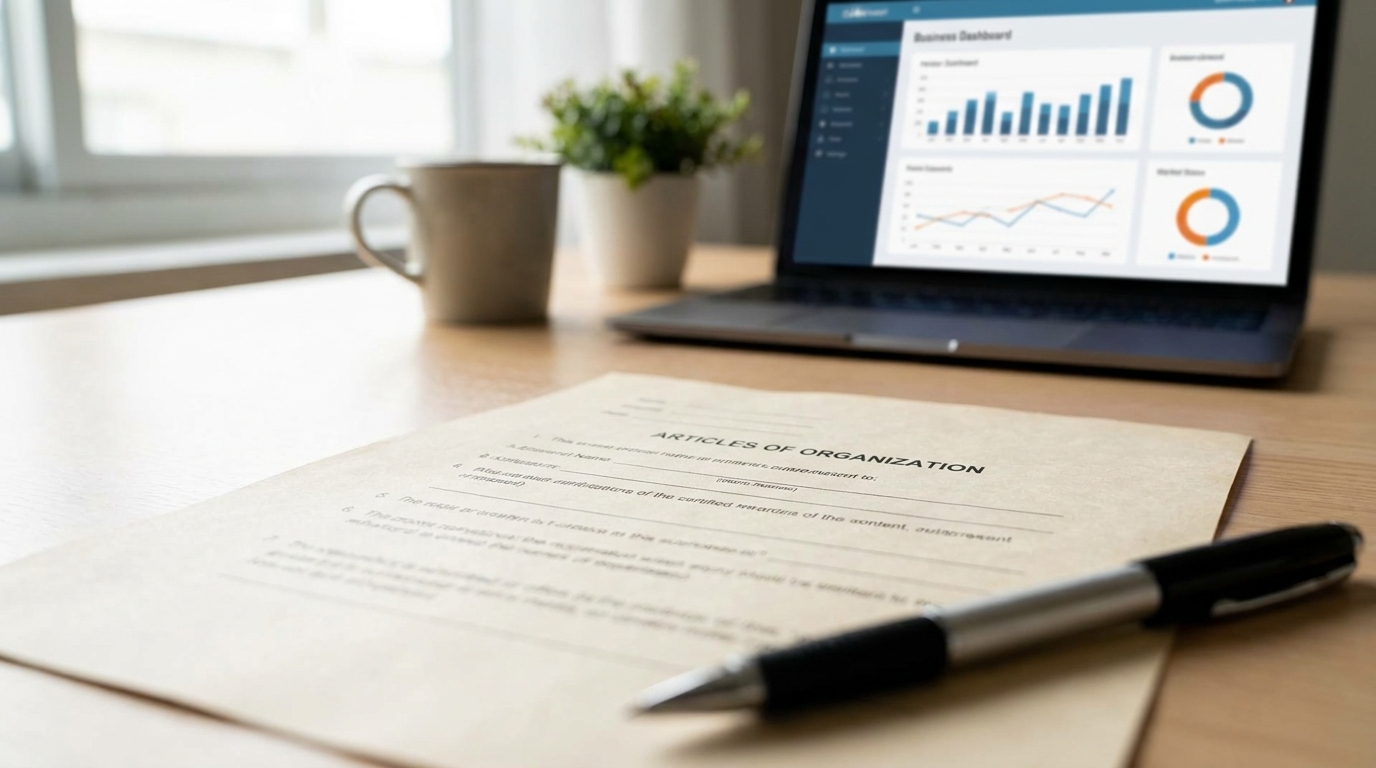 Articles of Organization document partially obscured by a pen on a modern desk, symbolizing the process of forming an LLC.
