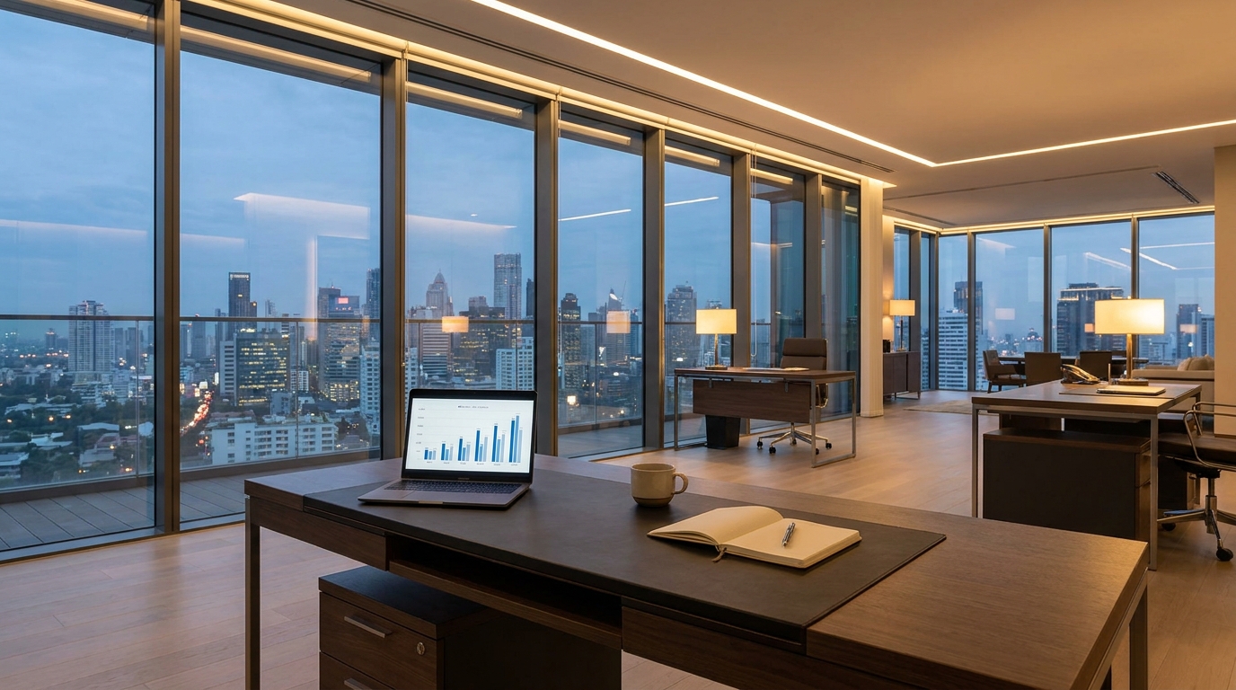 Modern office with a laptop displaying business charts and a city skyline at dusk.