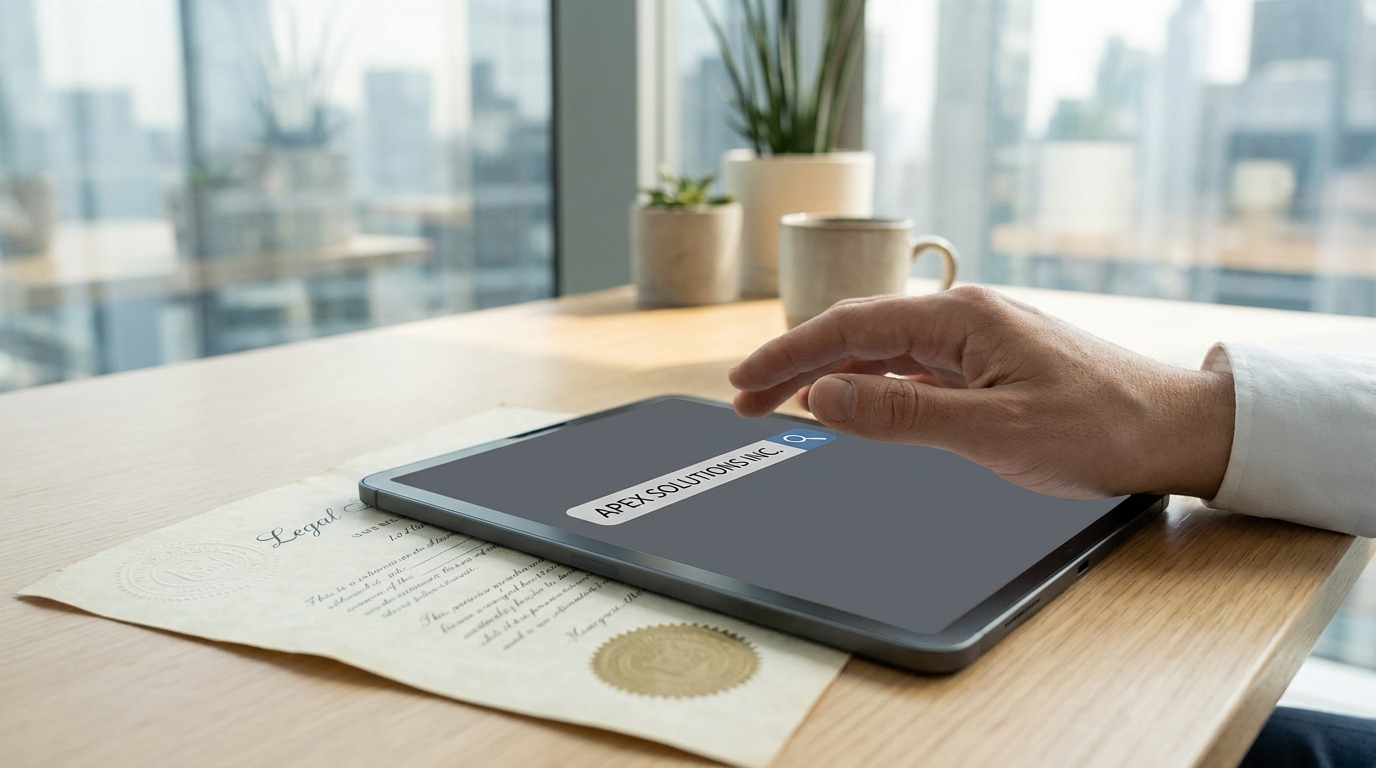 A hand interacting with a tablet displaying a business name search, with legal documents in the foreground, symbolizing the LLC name availability check process.