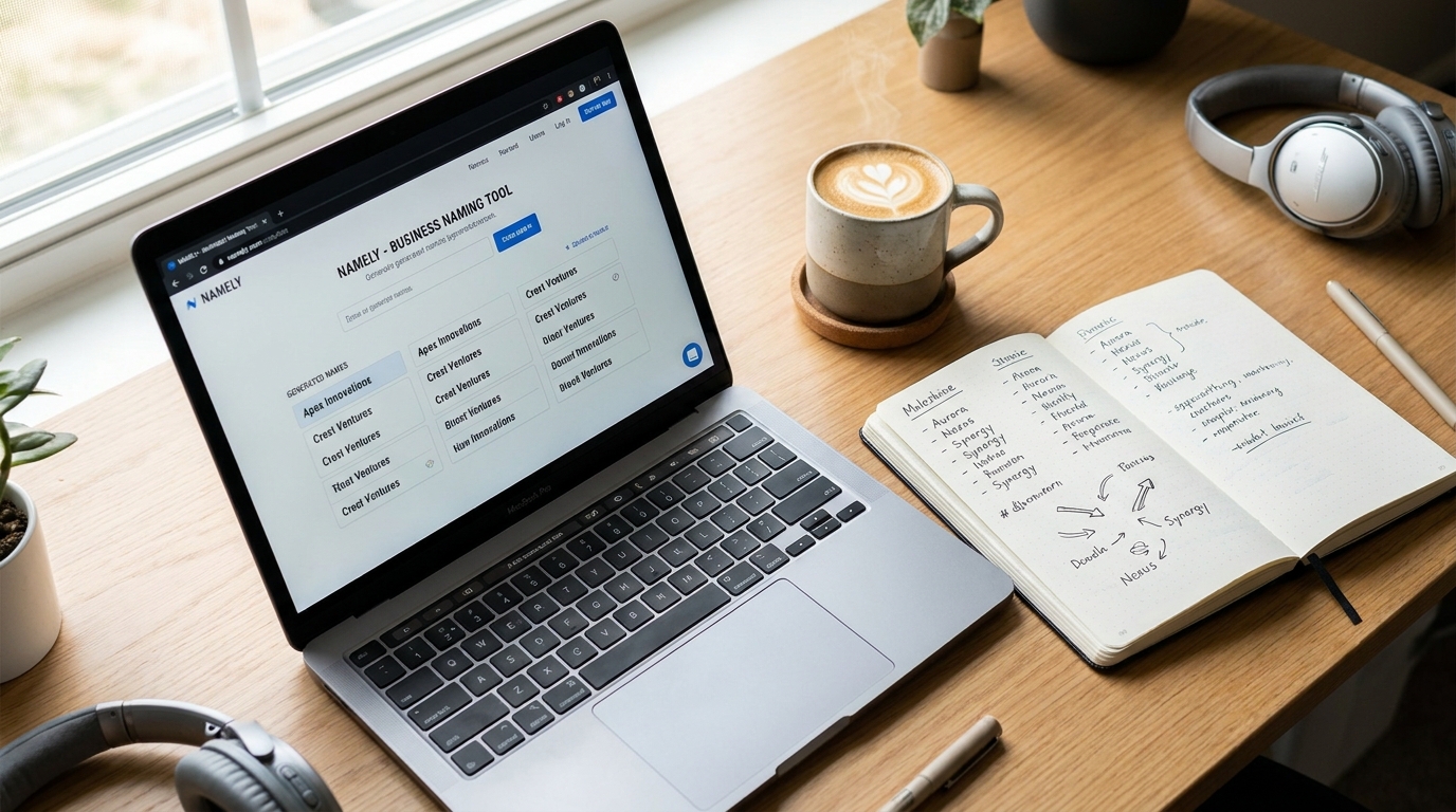 A laptop showing an LLC name generator, with a notebook filled with business name ideas, symbolizing the creative process of naming a company.