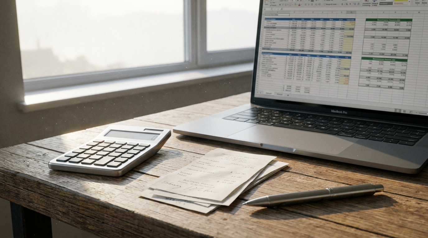 Desk with a laptop showing financial data, a calculator, and business receipts, representing an LLC's early expenses without income.