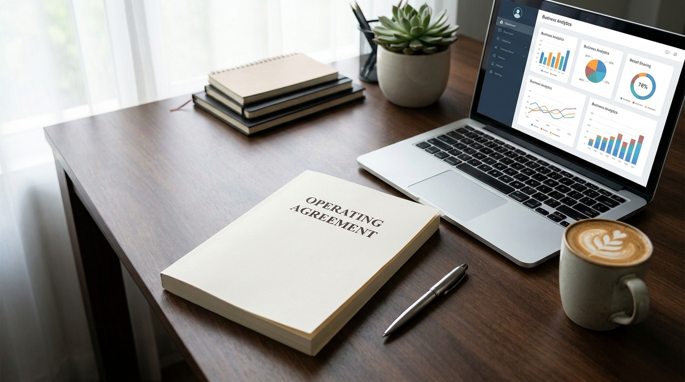 A Florida LLC Operating Agreement document on a desk with a laptop and coffee, symbolizing meticulous business planning.