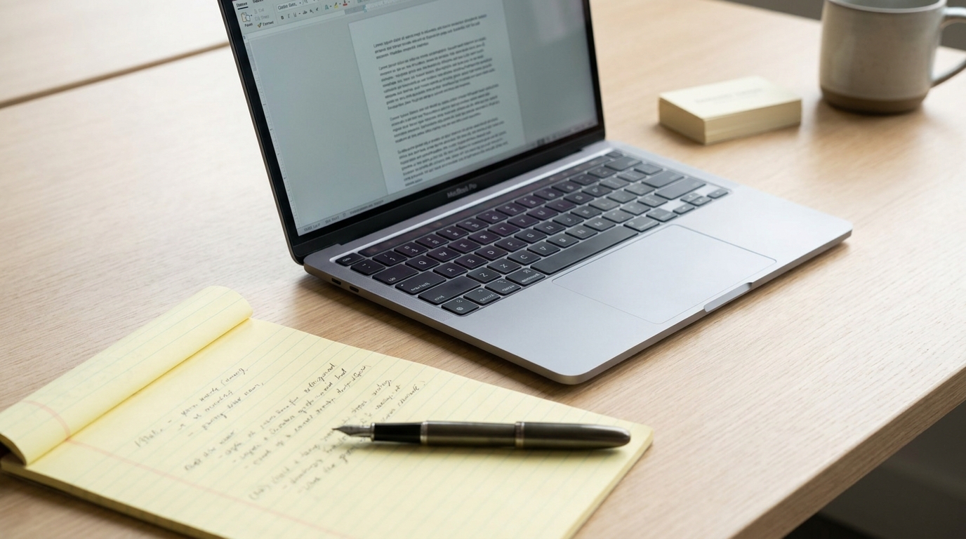 A desk with a legal pad, pen, and laptop open to a document, symbolizing business planning.