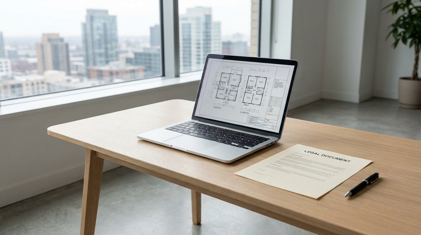A laptop on a desk showing a blueprint, legal documents, and a pen, symbolizing strategic property investment through an LLC.