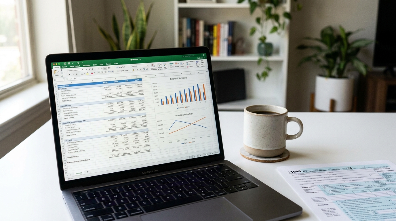 A desk with a laptop showing financial data, a pen, and a tax form, symbolizing strategic business tax planning.