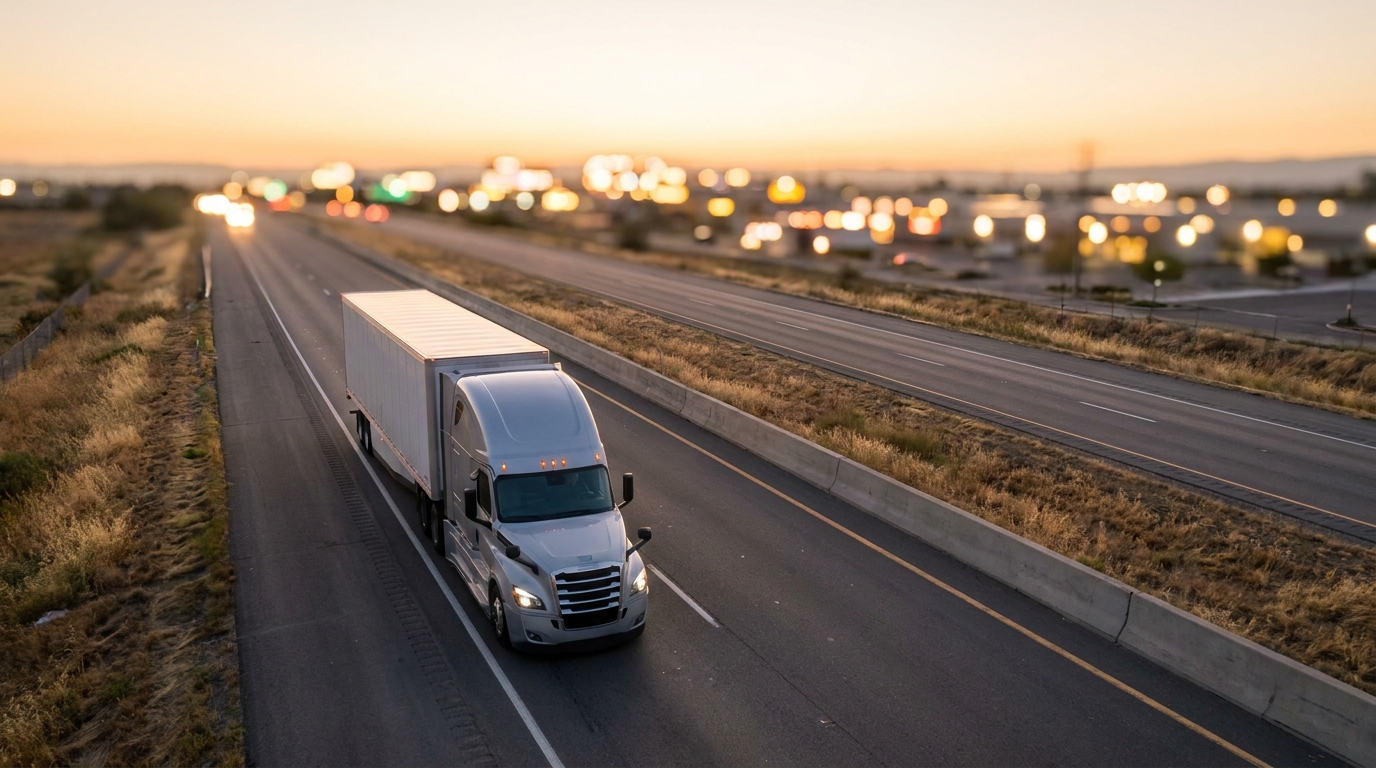 A modern semi-truck drives down a highway at sunset, symbolizing the journey of a new trucking business.