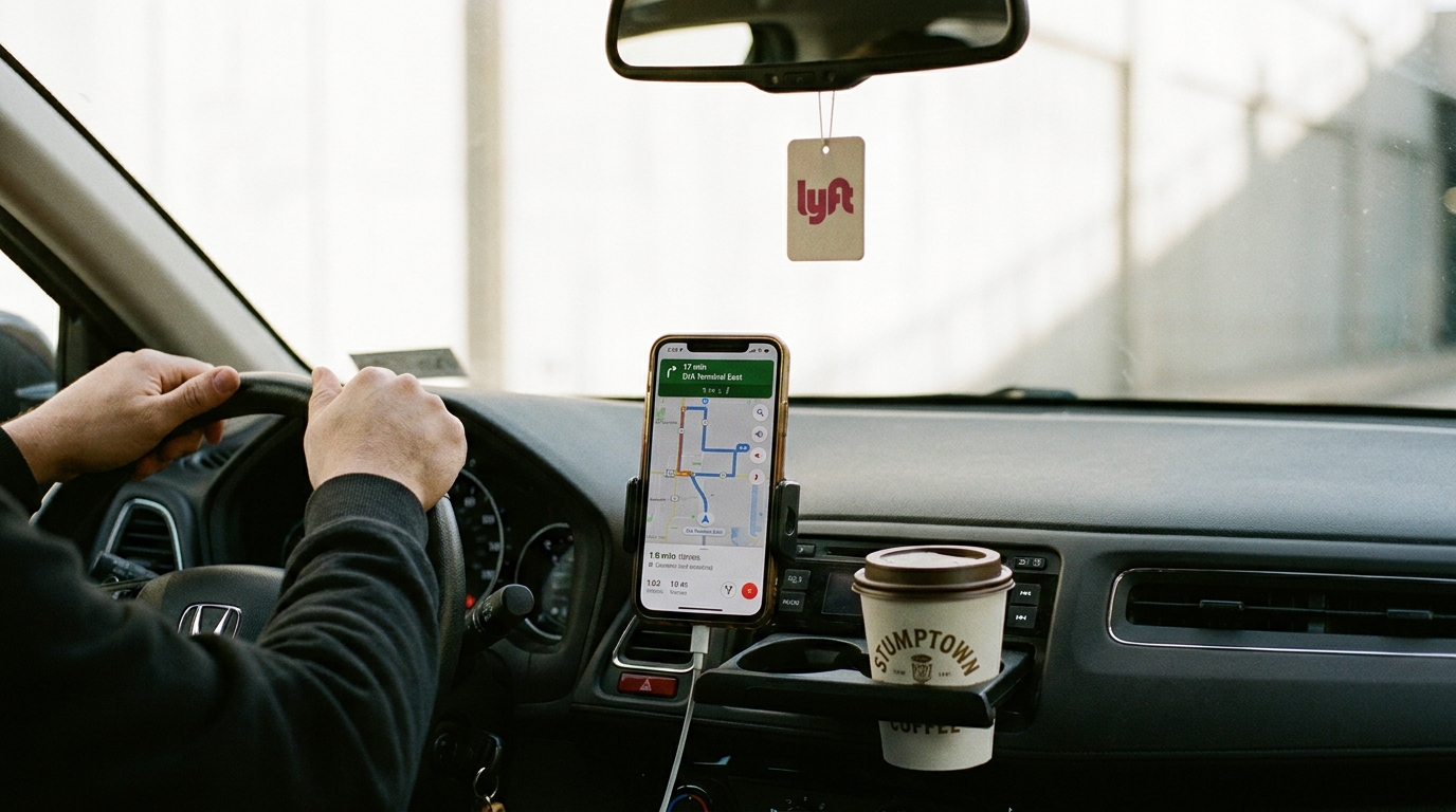 A rideshare driver's perspective from the driver's seat, showing a smartphone with a navigation app, a coffee cup, and a clear view of the road ahead, subtly hinting at a professional setup.