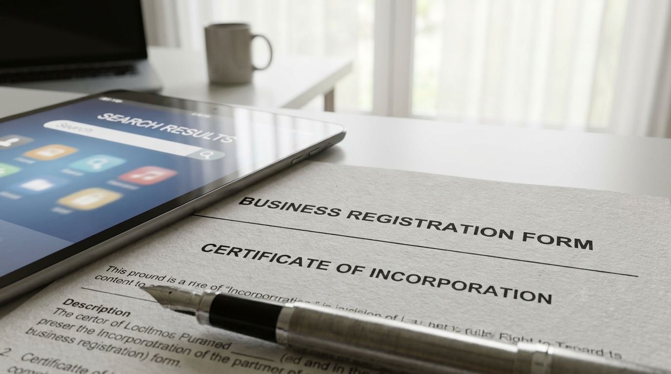 Close-up of Maryland business registration document with a pen, a tablet showing a search result, and a minimalist office in the background.