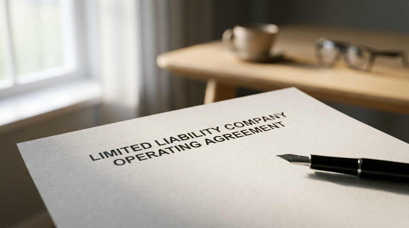 Close-up of an LLC operating agreement with a pen, symbolizing formal business documentation.
