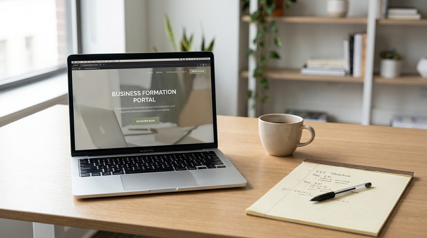 A laptop showing an online LLC formation portal, a notebook with business plans, and a pen on a clean desk, symbolizing digital business setup.