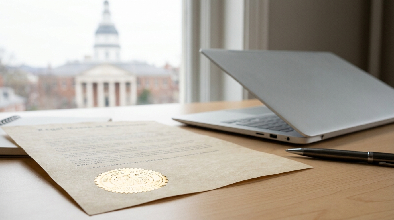 Maryland business formation documents on a desk with the State House in the background, signifying state registration.
