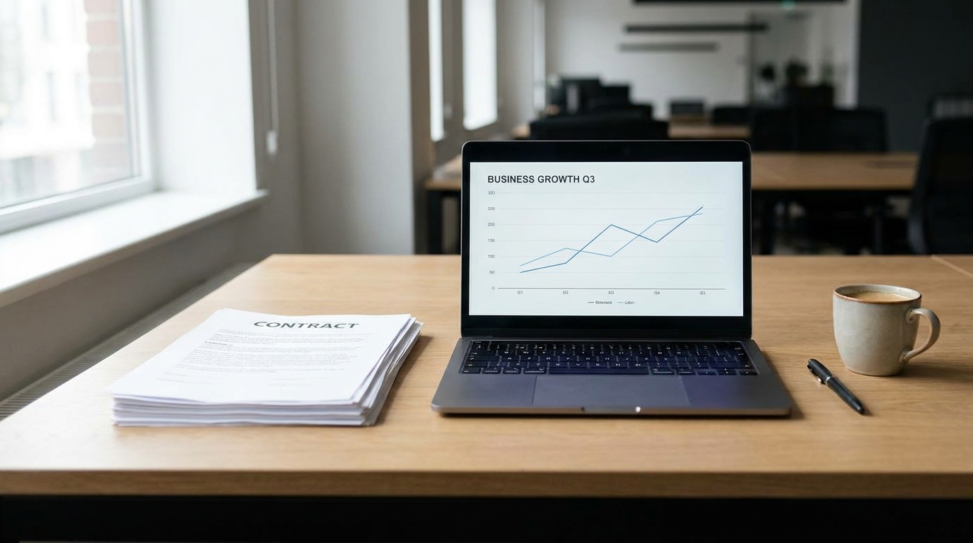 A modern desk setup with a laptop showing a business chart, stacked legal documents, and a pen, symbolizing the strategic decision-making involved in forming a corporation.