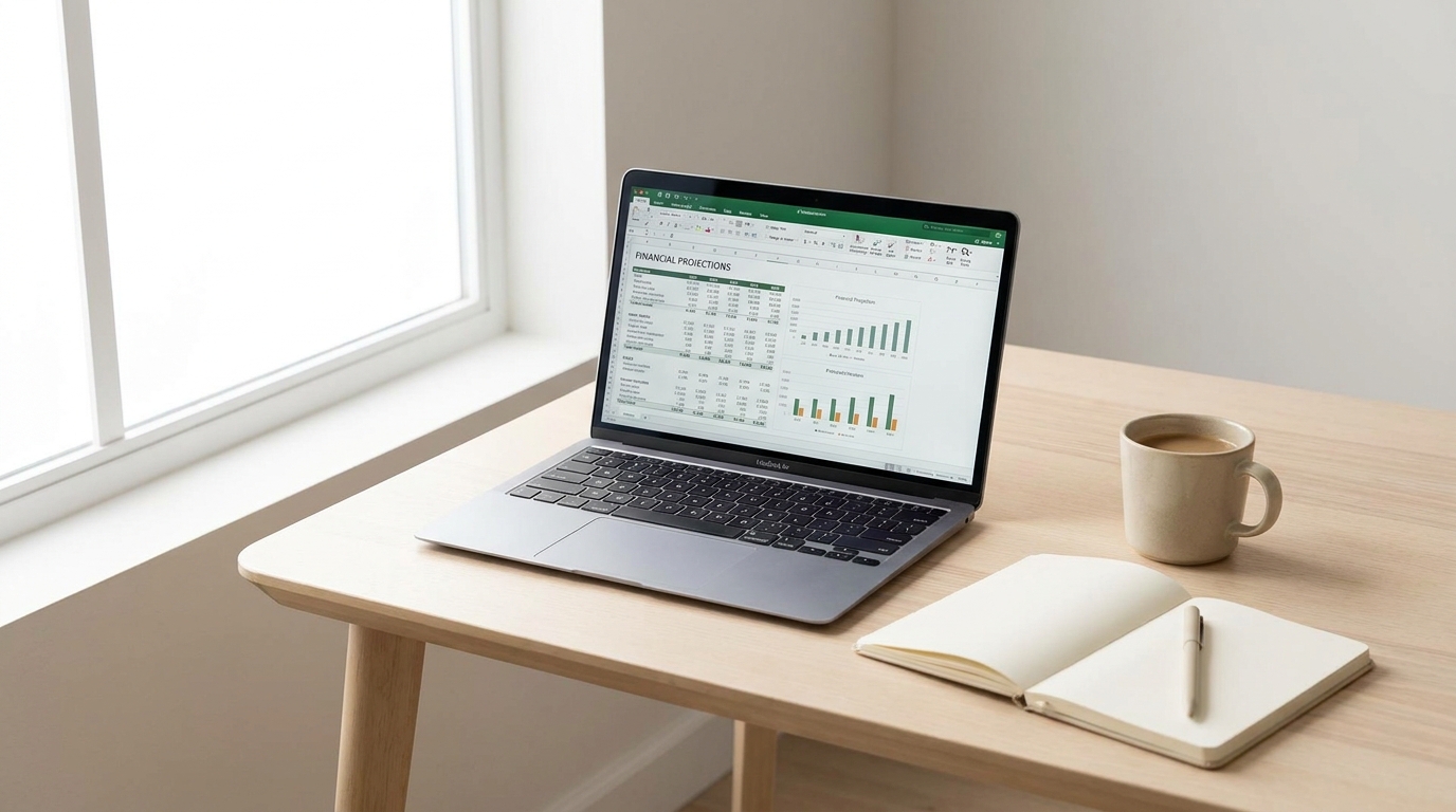 A laptop displaying a financial spreadsheet on a clean wooden desk next to a notebook and coffee, symbolizing business tax preparation in Michigan.