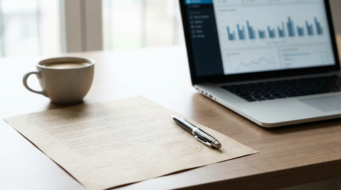 Close-up of a Missouri annual report form on a desk, next to a laptop displaying business analytics and a pen.