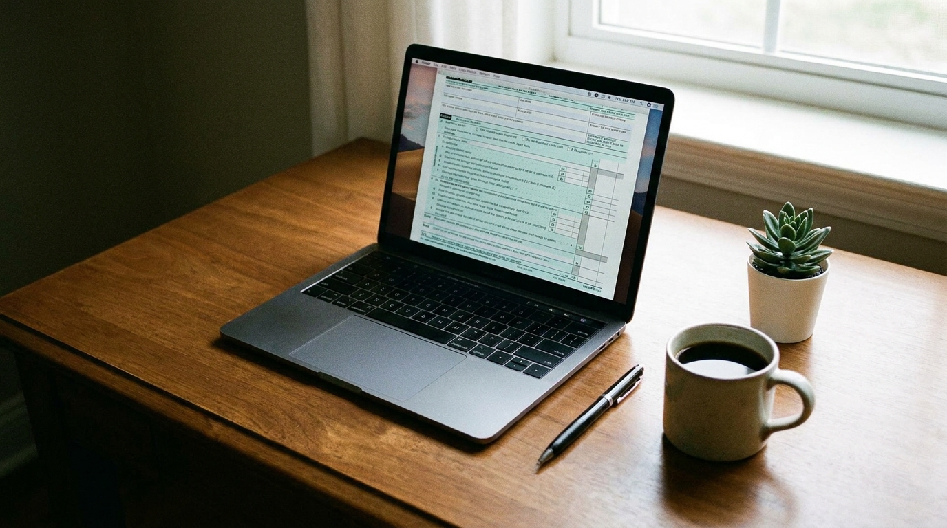 A modern workspace with a laptop open to a digital form, symbolizing business compliance and renewal processes.