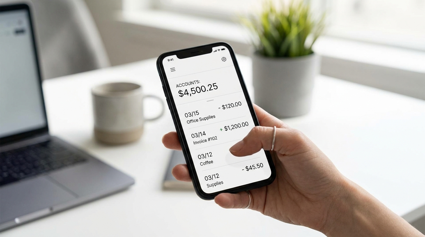 A hand holding a smartphone showing a business banking app with a clean interface, indicating financial transactions and account balances, in a modern office setting.