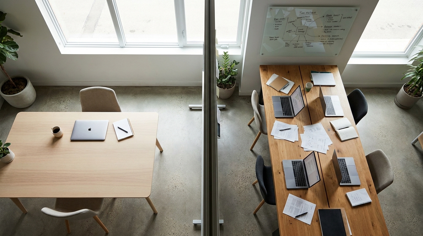 Divided workspace with a single desk on one side and a collaborative table on the other, symbolizing single-member versus multi-member LLC structures.