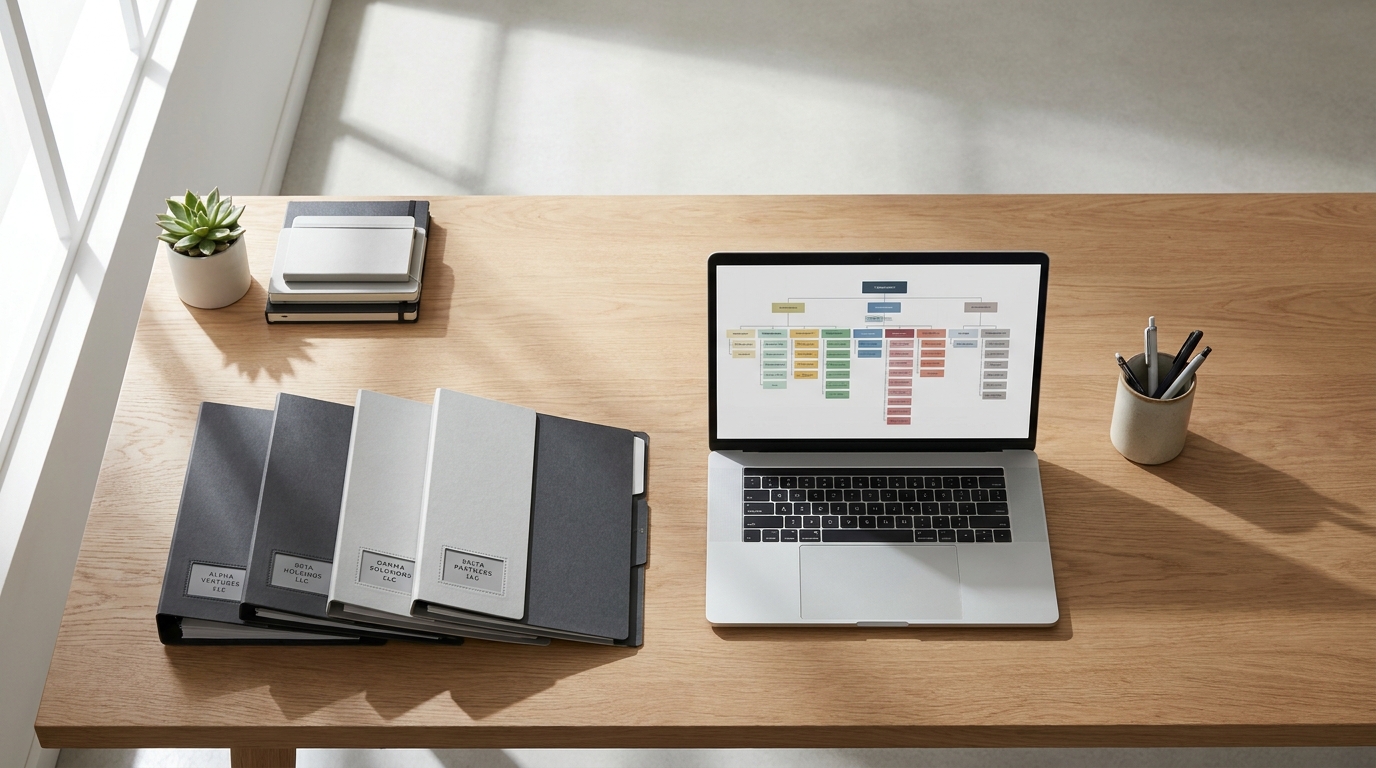 An organized desk with distinct folders and a laptop displaying an organizational chart, symbolizing a multiple LLC structure.