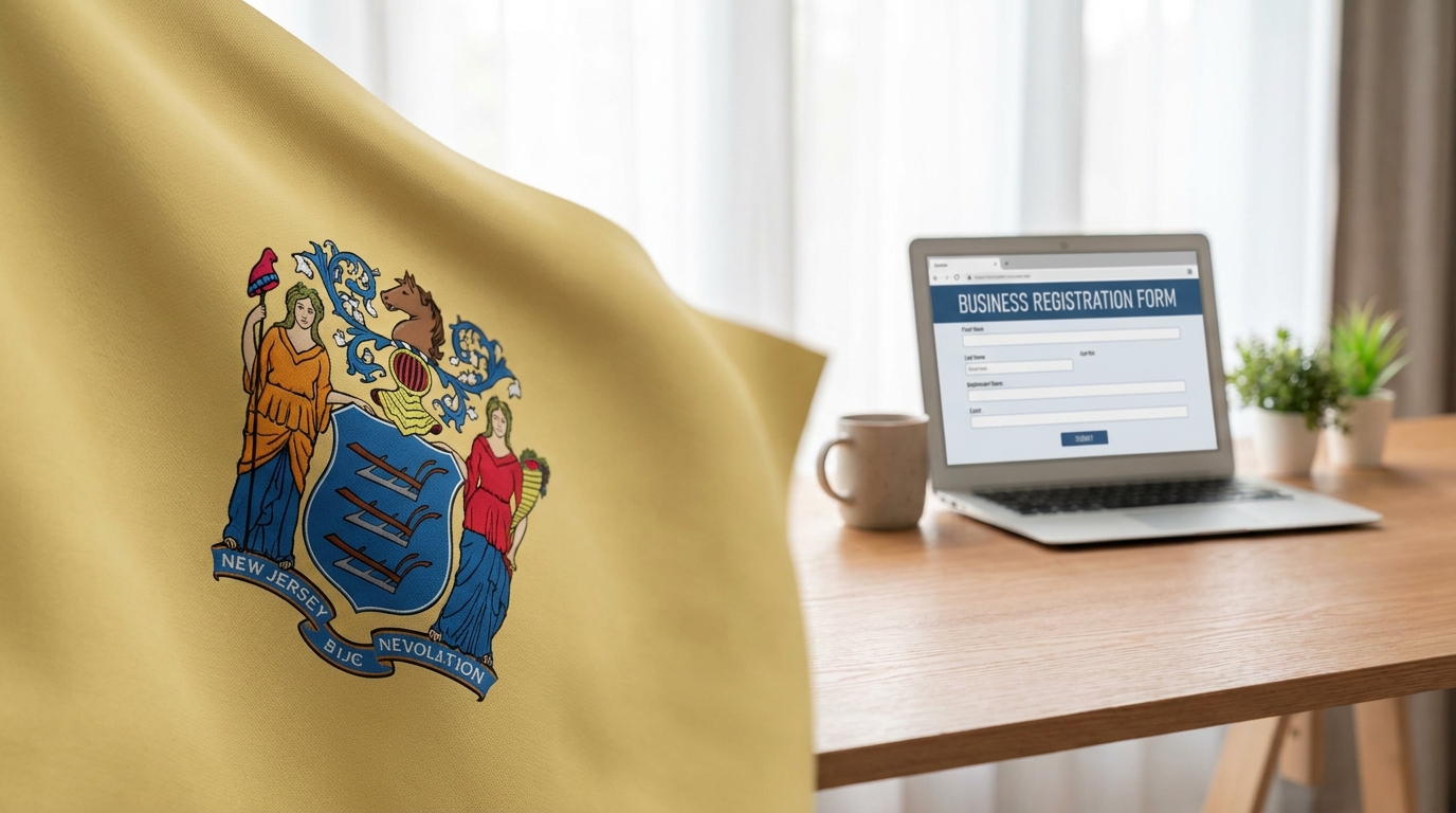 New Jersey state flag with a blurred background of a modern office desk and laptop, symbolizing business formation.