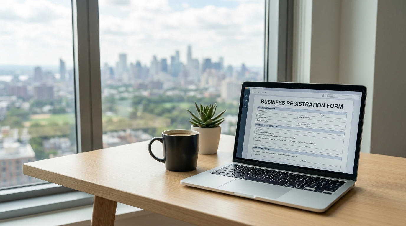 Laptop displaying a New Jersey business registration form on a clean desk with a blurred New Jersey skyline in the background.