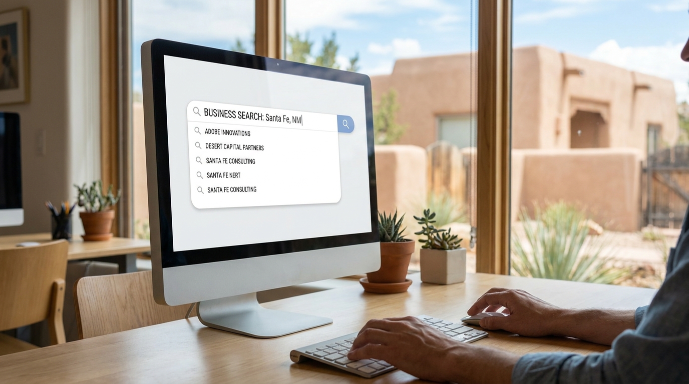 A person conducting a business lookup on a computer, with a view of Santa Fe's adobe buildings in the background.